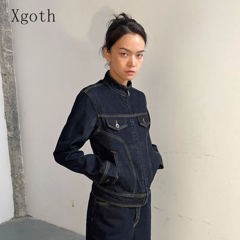 Denim pants set stand up collar solid street jacket wide leg straight gothic jeans retro simple twopiecesingle 241206