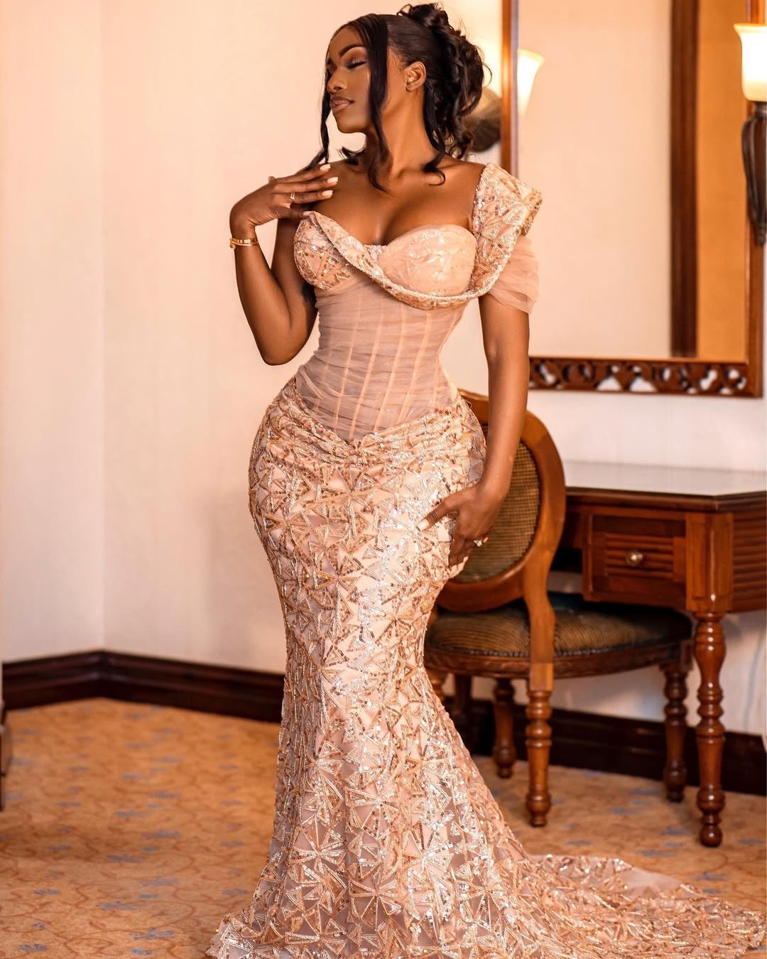 Gold Illusion Mermaid Prom Dresses 2025 One Shoulder Sequined Evening Formal Party Second Birthday Engagement Gowns Plus Size Dress For Special Occasi