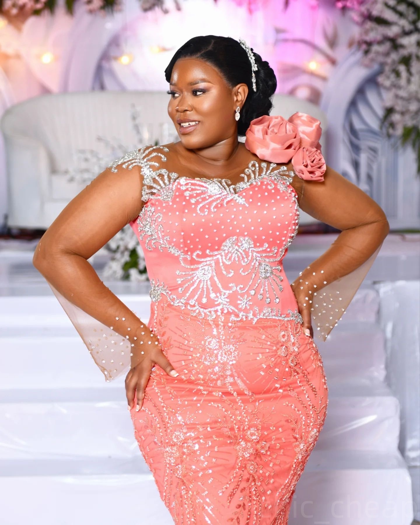 Water Melon Mermaid Prom Dresses 2025 Lace Beaded Flowers Evening Formal Party Second Birthday Engagement Gowns Plus Size Dress For Special Occasions