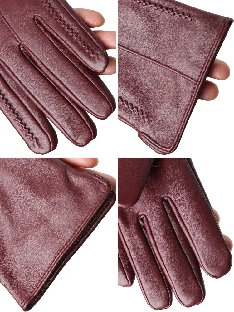 Womens high-quality sheepskin gloves for winter warmth plus velvet short thin touch screen driving color womens leather gloves 241206