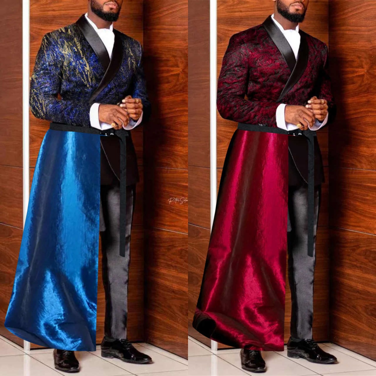 Customized Mens Royal Satin Suits Jacket Pant with Long Cape Fashion Formal Party Wear Wedding Tuxedos 2 Pieces