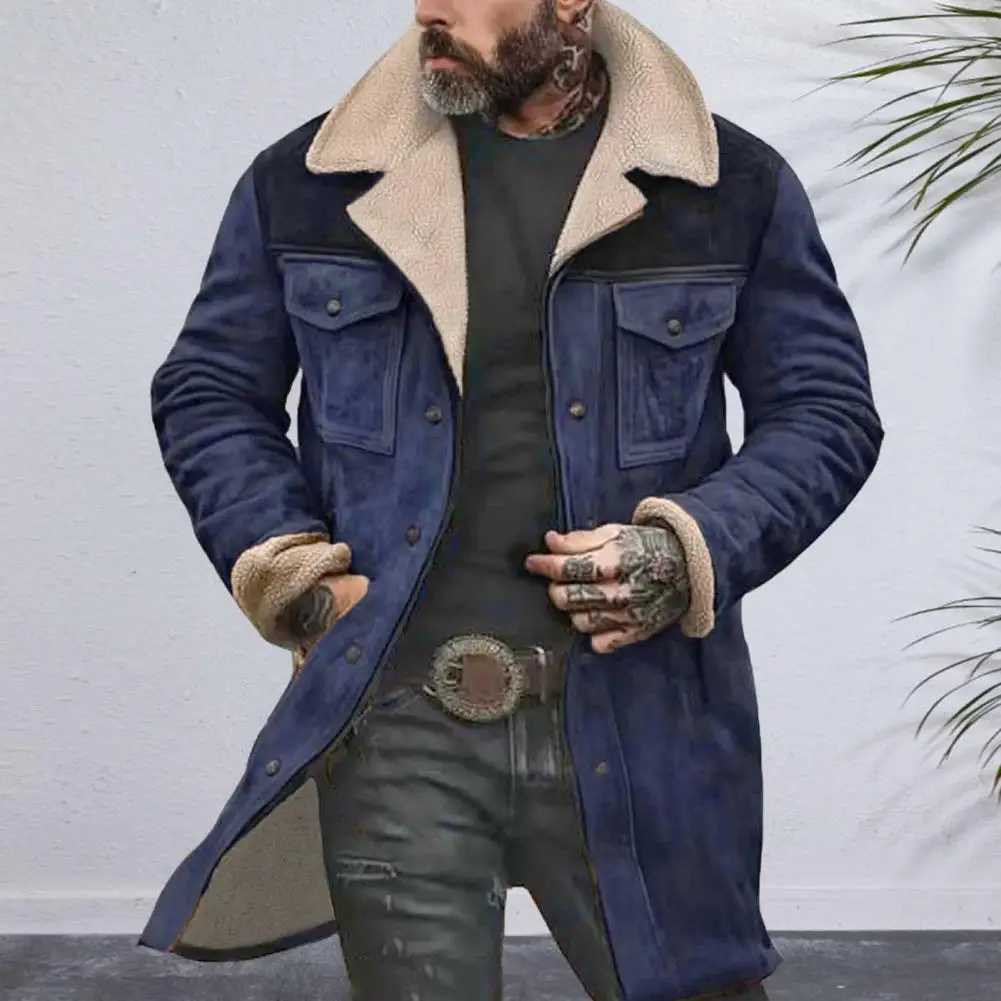 2024 Fashion Men Jacket Large Plush Lapel Long Sleeve Vintage Suede Jacket with Pockets Zipper Up Mid-length Motorcycle CoatXJ241206