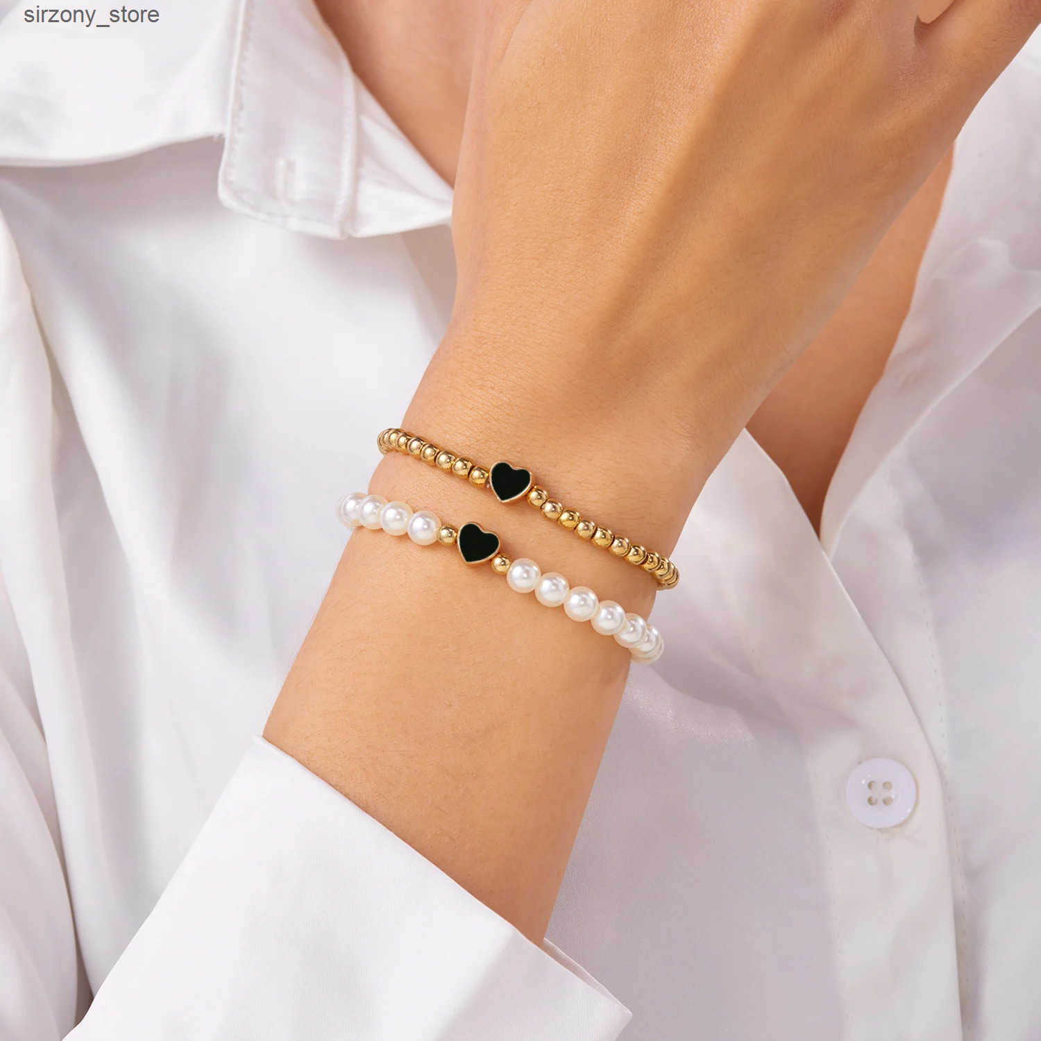 Beaded 2 PCS Simple Enamel Heart Simulated Pearl Beaded Bracelet for Women Girls Couple Lover Valentines Day Party Stretch Jewelry Set J241206