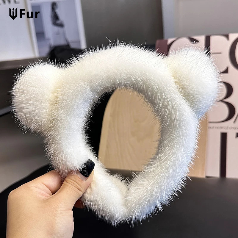 Cute real mink cat ear womens headband with 100% fur plush hair accessories solid headband girlfriend winter gift 241205