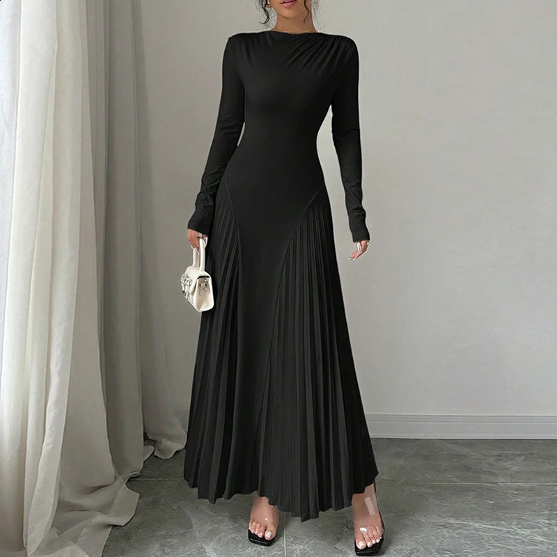 Autumn and Winter Simple Solid Color Knitted Dress Womens O-neck Long Sleeve Folded Office Dress Elegant Ultra Thin Robe Dress Vestido 241205