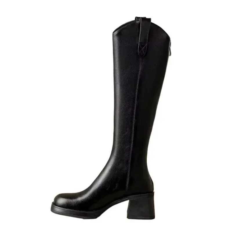 High Quality Brown knee long cycling boots for women round soft leather thick heels high heels T241206