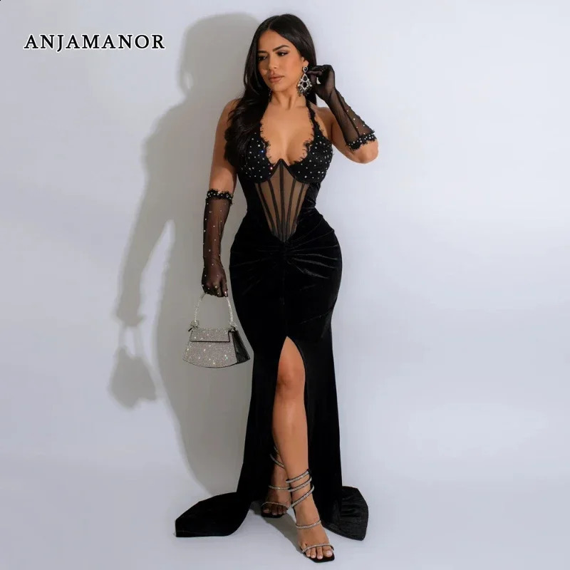 ANJAMANOR Crystal Mesh Velvet Splicing Long Dress Elegant Womens Winter Evening Dress Party Birthday Dinner Dress D42-HA55 241206
