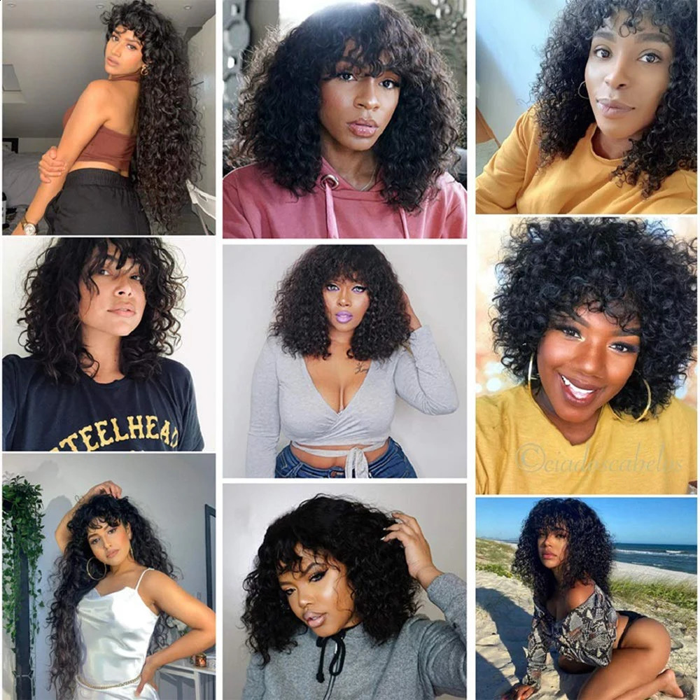 Long 30 32 water wave wig with bangs human hair wig 100% curly human hair wig wig with bangs 180 density machine made wig 241206
