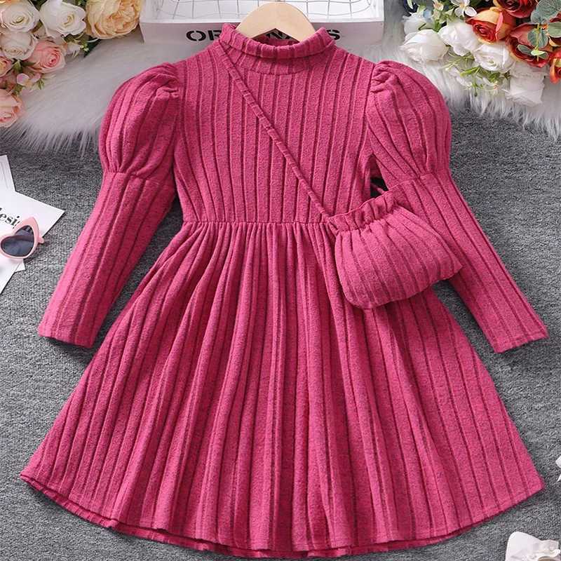 Winter Girl High Collar Sheep Leg Sleeves Knitted Pit Striped Pink Dress Crossbody Bag Princess Birthday Par DressXJ241206