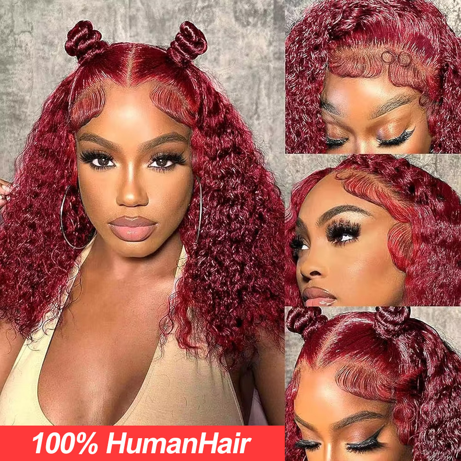 99J Bury Lace Front Short Bob Human Hair 13X4 Deep Wave Frontal Wig 13X6 Red Colored Curly Wigs