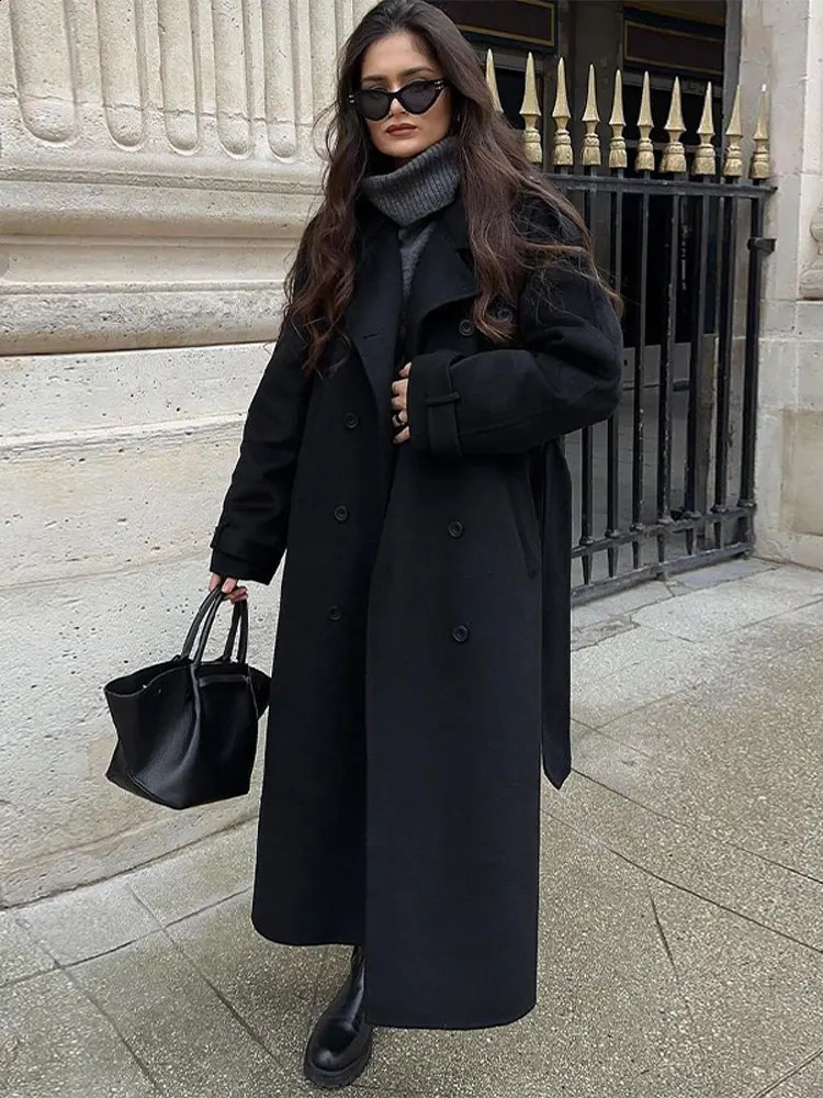 Fashion Black Double layer Wool Coat with Belt Womens Fashion Collar Long sleeved Coat Autumn Womens Street Dress 241205