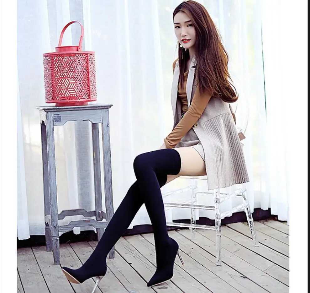 High Quality Fi Streh fabric socks and boots large-sized dot heel knee high thick high lace elastic socks and boots T241206