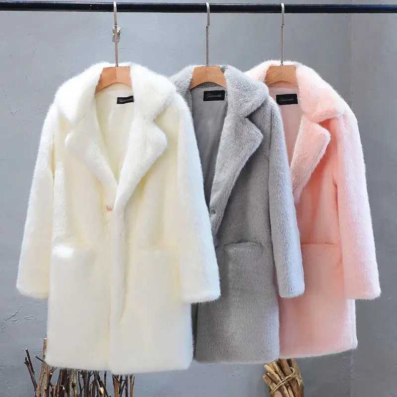 Women Mink Faux Fur Coat Solid Fe Turn Down Collar Winter Warm Fe Fur Lady Coat Casual JacketXJ241206