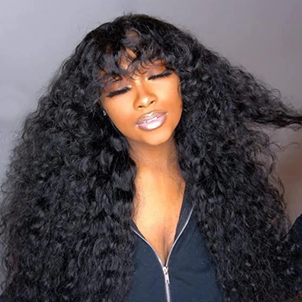 Long 30 32 water wave wig with bangs human hair wig 100% curly human hair wig wig with bangs 180 density machine made wig 241206