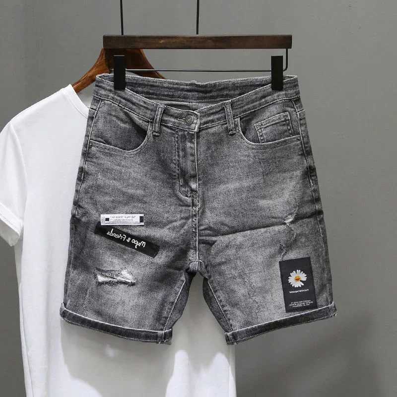 Short Jeans Pants For Men Gray Graphic Man Denim Shorts Original Harajuku Y2k Designer Cut Summer Wide With Korean Style New InXJ241206