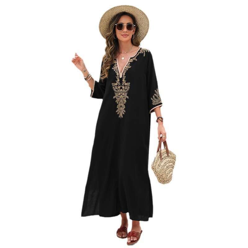 European and American cotton embroidered beach long robe style vacation jumpsuit, bikini swimsuit, outer cover shirt, 2024 new casual versatile fashio
