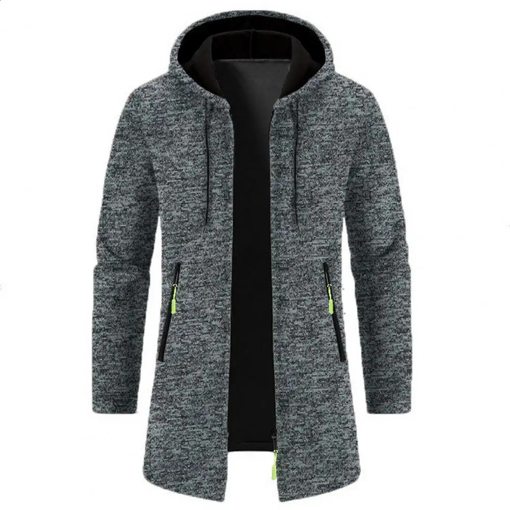 Men Coat Stylish Hooded Zipper Cardigan Versatile Mens Outerwear for Fallwinter Medium Length Thickened Knitwear 241205Z