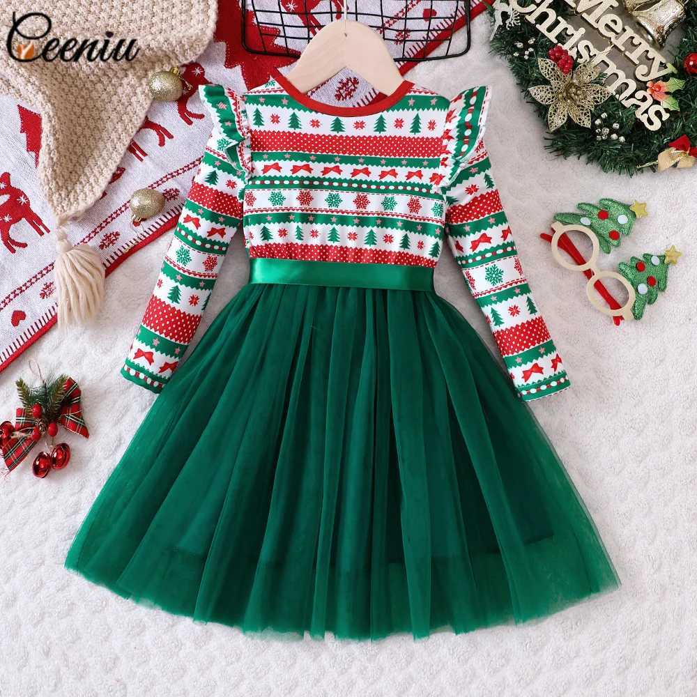 Ceeniu 2-7Y Kids Christmas Dresses For Girls Green Mesh Princess Dress For New Year Par Childrens Costume Festival ClothingXJ241206