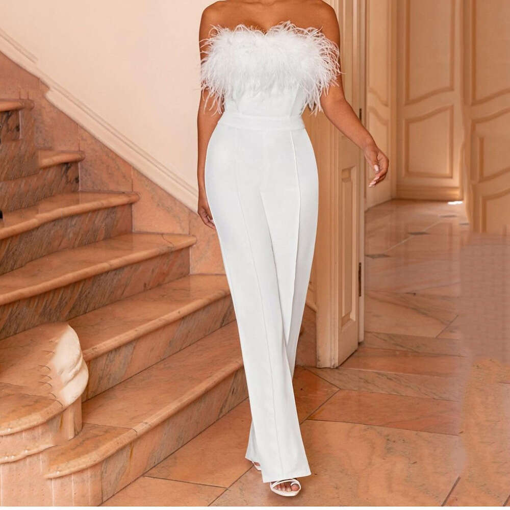Spring/Summer European and American Women's Feather strapless Solid Color Pants One Shoulder Bareback Sexy jumpsuit 2024 Versatile New Trendy Clo