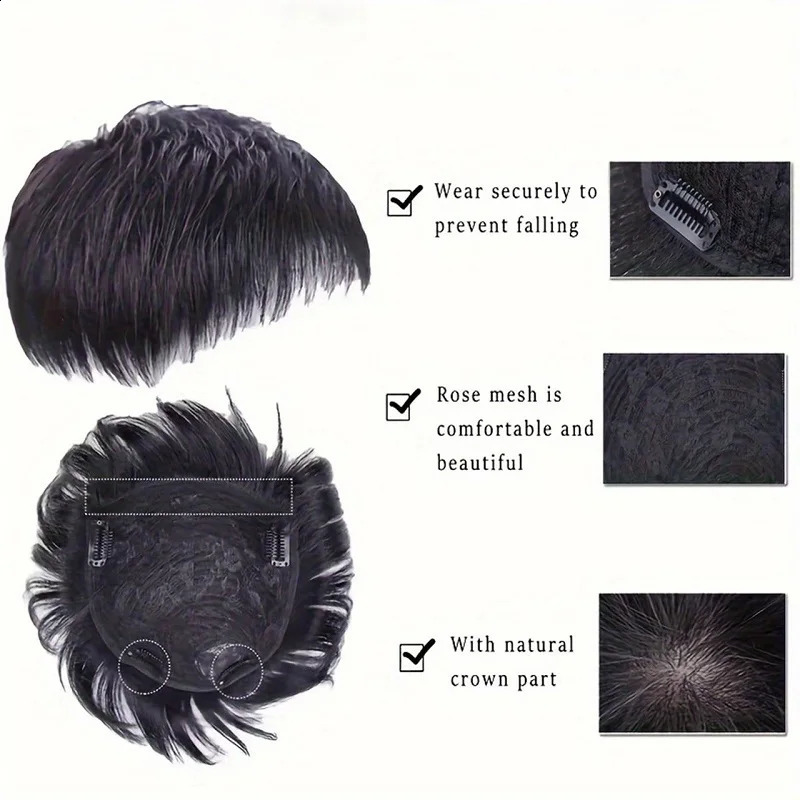 Alimice Refined Natural Black Mens Hair Topper Wig-4inch Short Human Hair Toupee with Secure Clips for Daily Use 16x18cm 241205