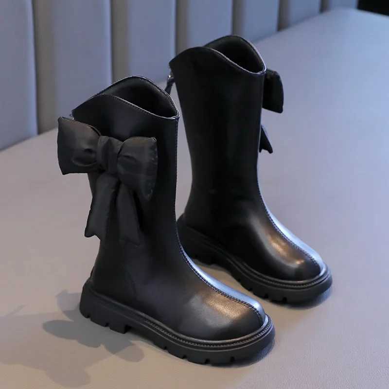 New Winter Girls Princess Cotton Boots Elegant Bowknot Children Causal Boots Fashion Black Versatile Kids Simple Mid-calf BootsXJ241206