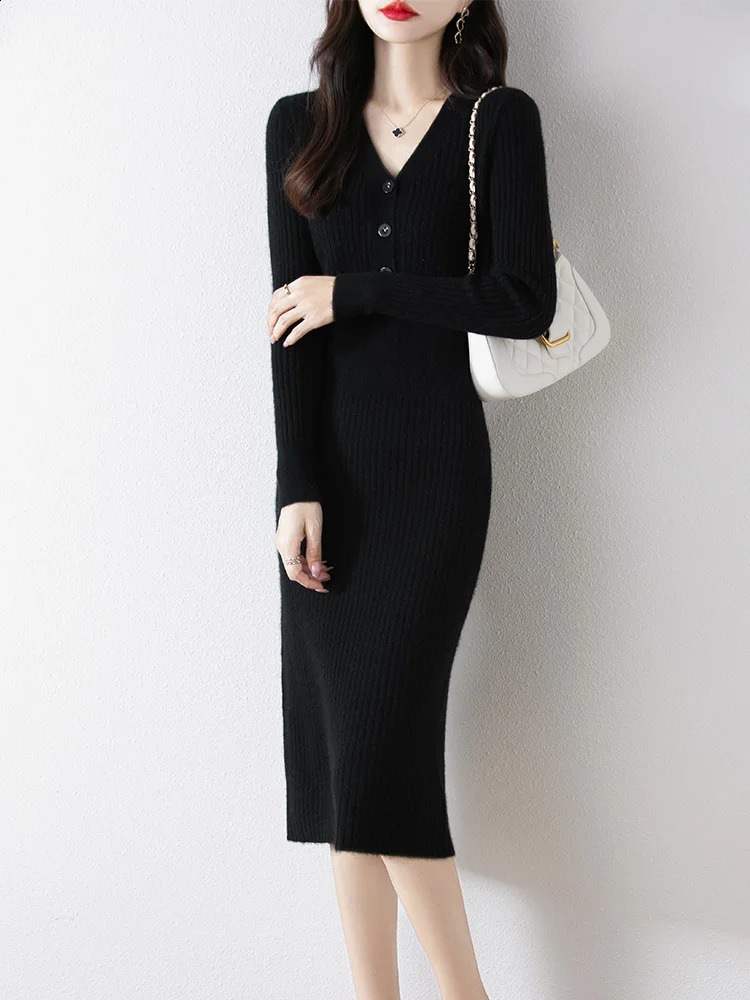 Womens 100% Merino wool sweater for autumn and winter with medium length V-neck buttons ultra-thin zipper soft cashmere dress womens knitted 241205