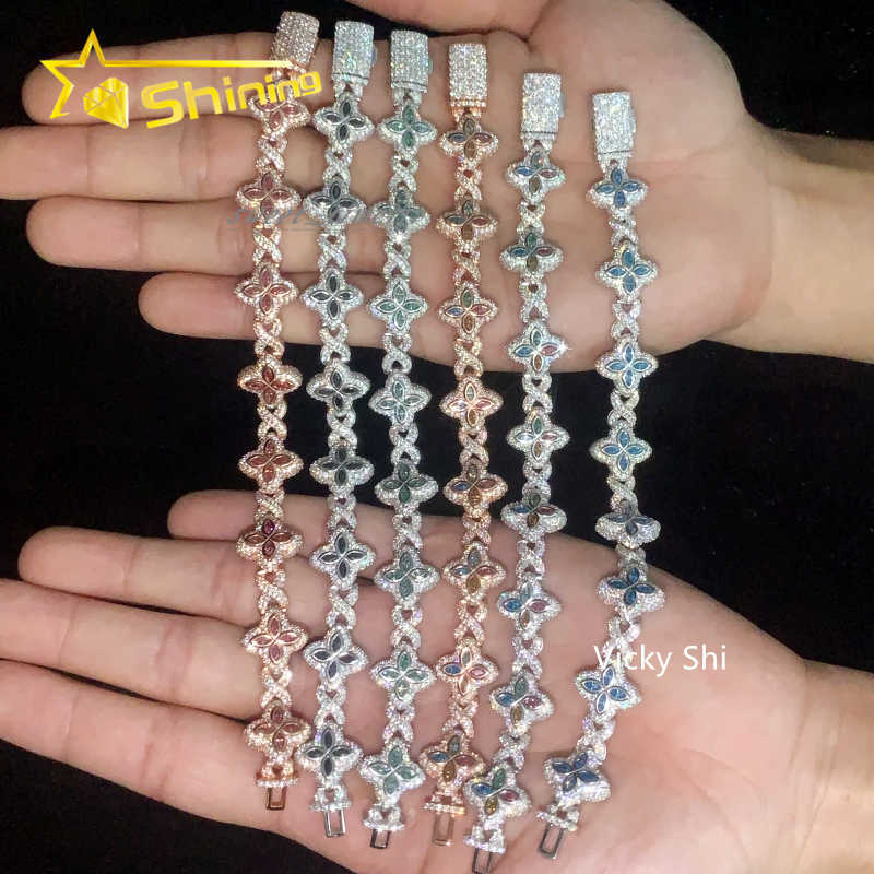Hot Selling 15MM 925 Sterling Silver Cuban Clover Bracelets Iced Out Hip Hop Infinity Colored Moissanite Cuban Bracelet