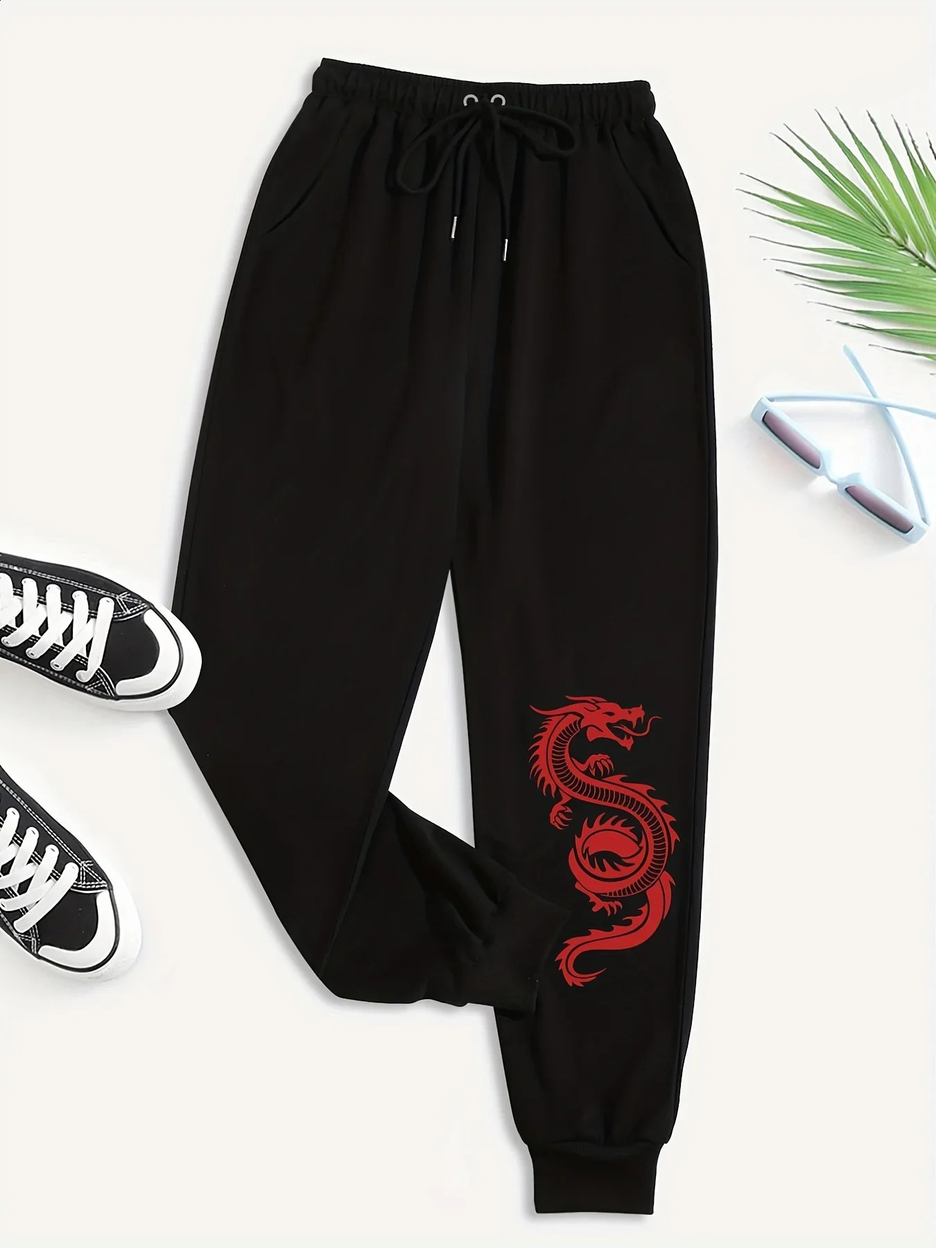 Dragon Print Slant Pocket Elastic Waist Pants Jogger Drawstring Loose Womens Long Pant Fashion Casual Female Sports Sweatpants 241205Z