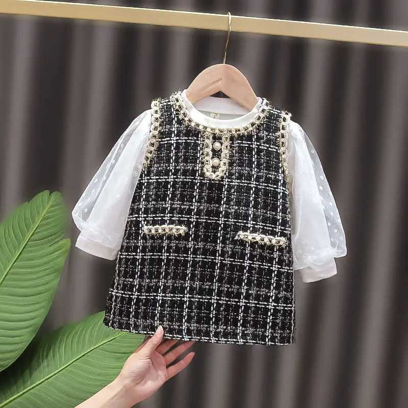 2022 New Girls Two-piece One-piece Dress for Girls Little Fragrance Western Sle Plaid Dress for Spring and AutumnXJ241206