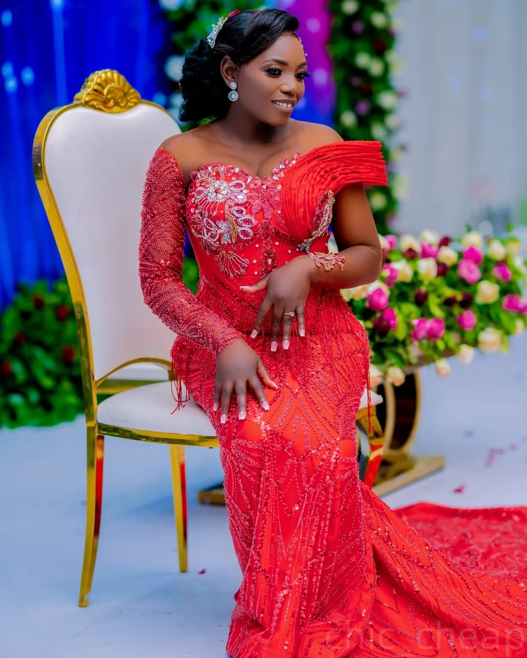 Red Mermaid Prom Dresses 2025 Lace Beaded Full Sleeves Sheer Neck Evening Formal Party Second Birthday Engagement Gowns Plus Size Dress For Special Oc