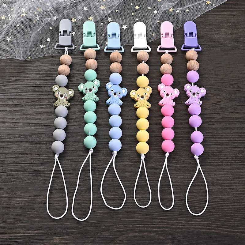 Pacifier Holders Clips# Baby Pacifier Clips Holder Silicone Cartoon Animal Teething Chain Wood Teether For Baby Pacifier Chain Nursing Chew Toys Gift 