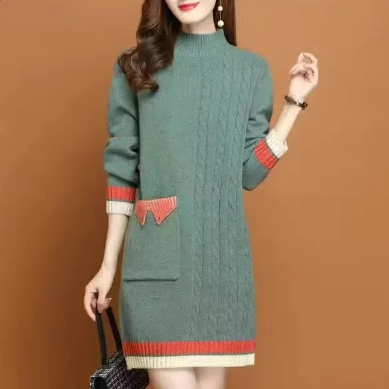 Womens Autumn Winter Thick Midlength Korean Commute Loose Half High Collar Patchwork Pocket Button Knitted Sweater Dresses 241205