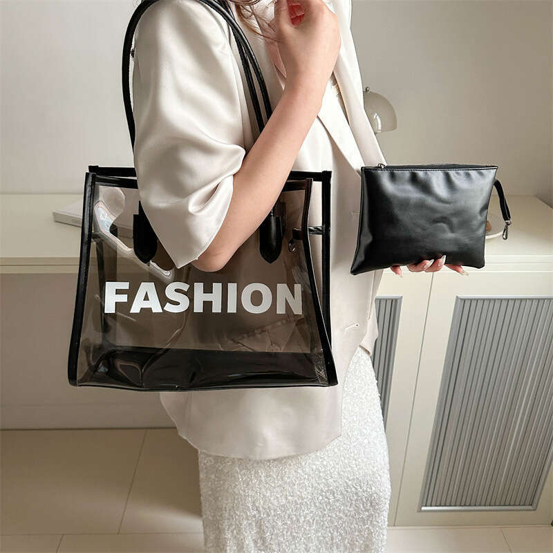 Transparent Jelly Women's Summer New Letter Printed Mother And Child Large Capacity Beach Western-Style Tote Bag, Fashionable Quality Classic