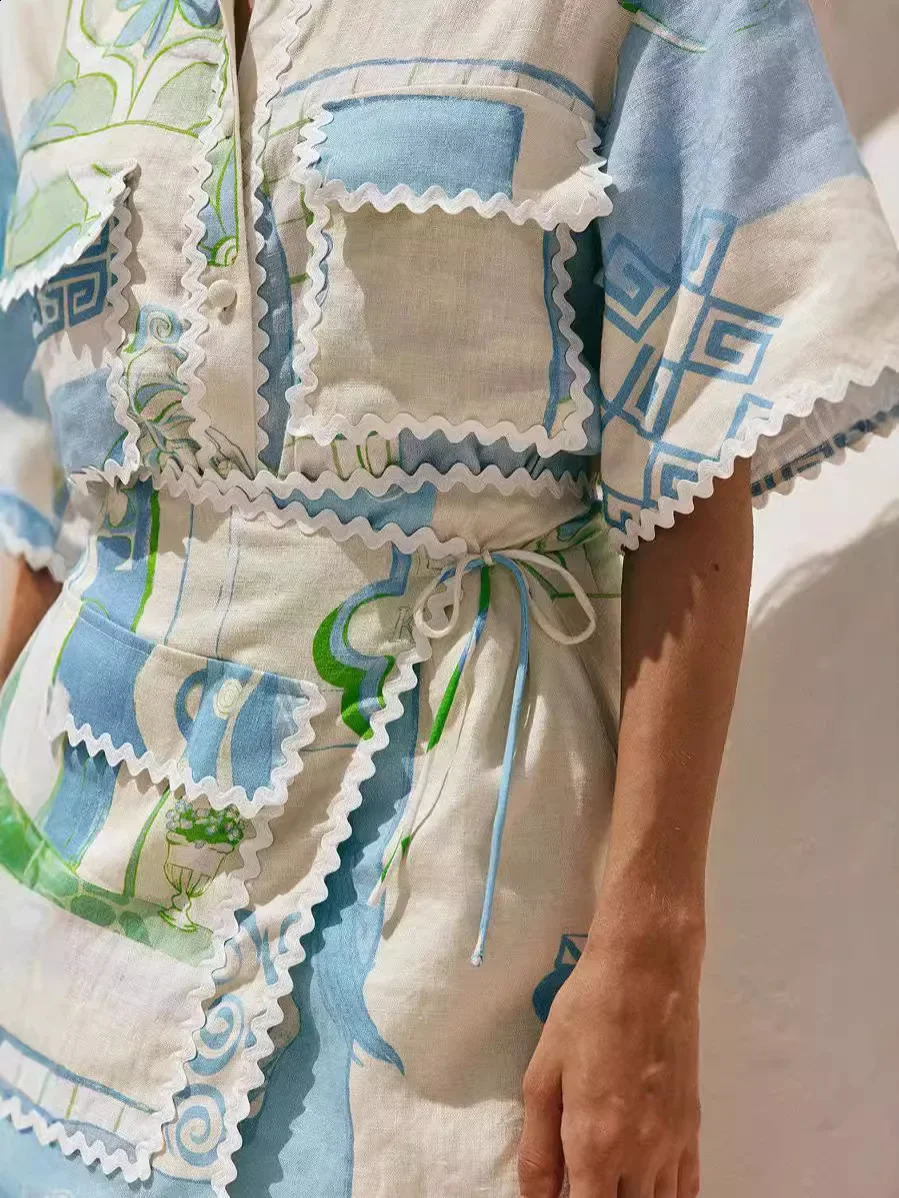 Vintage Print Casual Shirts Loose Women Tops and Mini Skirts Suit 2024 Elegant Fashion 2 Piece Sets Female Chic Outfits Trend 241205