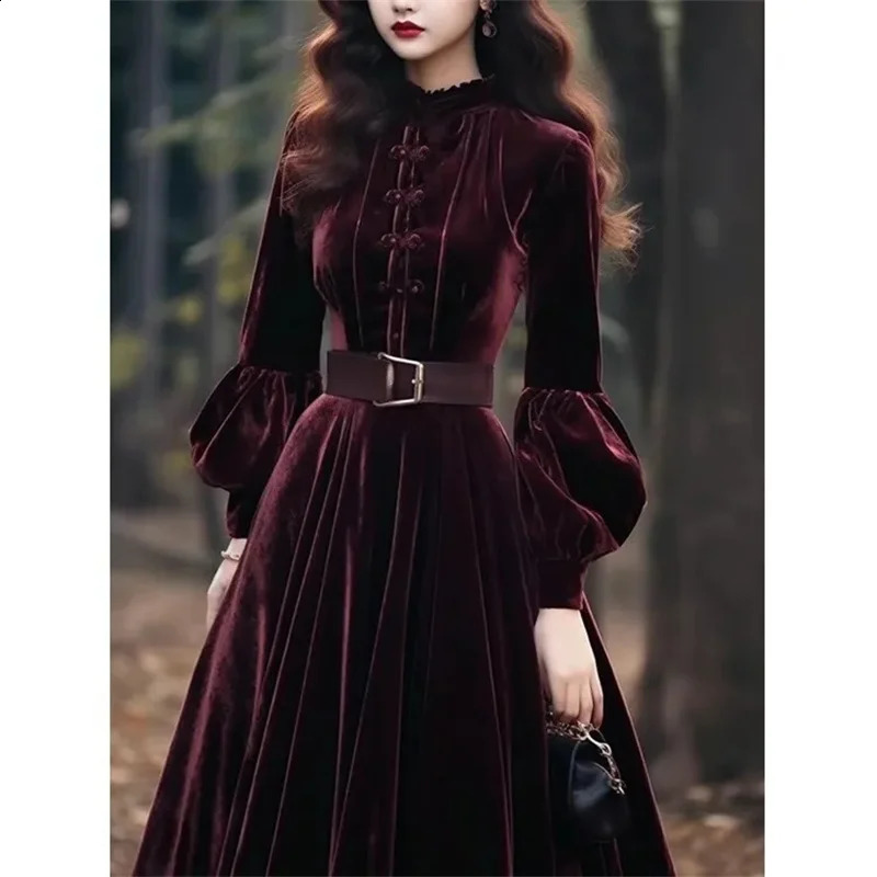 Autumn and Winter Womens Velvet Dress Fashion Evening Dress Party Long Dress Style Super Beautiful Purple and Red Velvet Dress 241206
