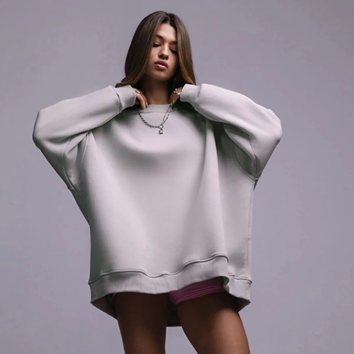 Solid Color Round Neck Hoodie Womens Fleece and Plush Casual 241203