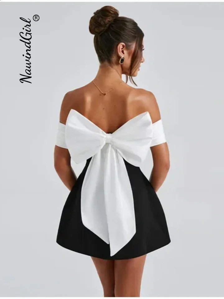 Sexy backless bow mini dress for women elegant shoulder and sleeveless party dress 2024 fashionable strapless Christmas dress for women 241206