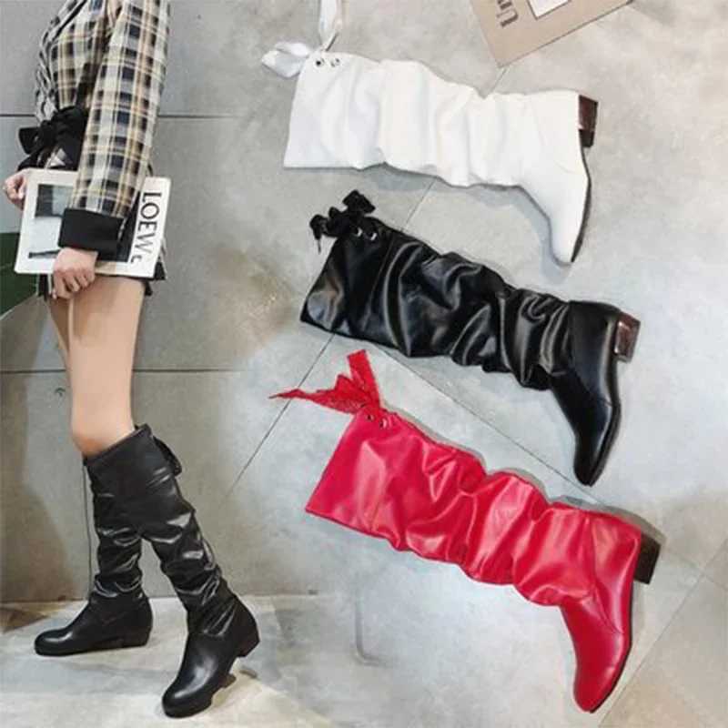 High Quality Warm 20 spring knee high boots black and white high boots pleated low boots casual leather Fem Lg shoes T241206