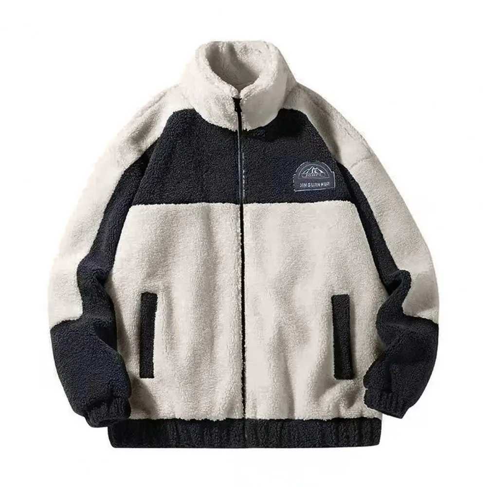 Autumn Winter Men Coat Imitation Cashmere Pocket Jacket Trend Patchwork Loose Plush Jacket Cotton paddedHigh Street PunkXJ241206