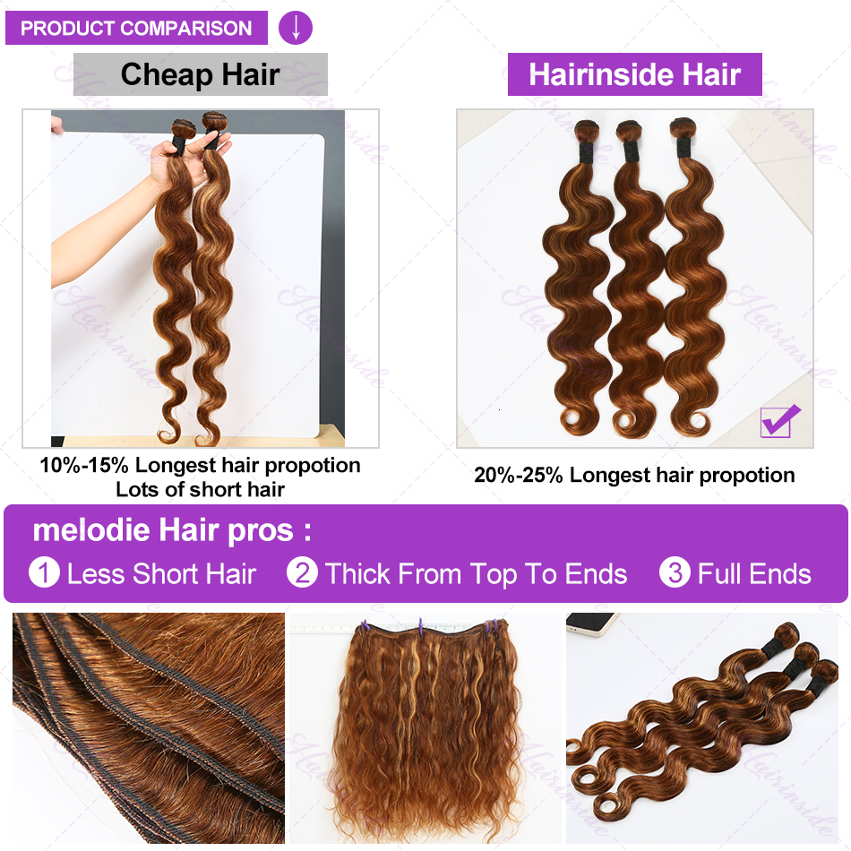 Highlight Body Wave Raw 100% Human Hair Wavys Brown Colored Brazilian Remy 30 Inch Weave Bundles Extensions Double Weft