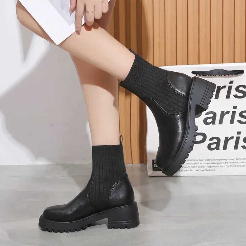 High Quality New Autumn Winter Fi Warm Boots Fem PU Leather High H Boots Platform Shoes Womens Knitted Sexy Ankle Boots T241206