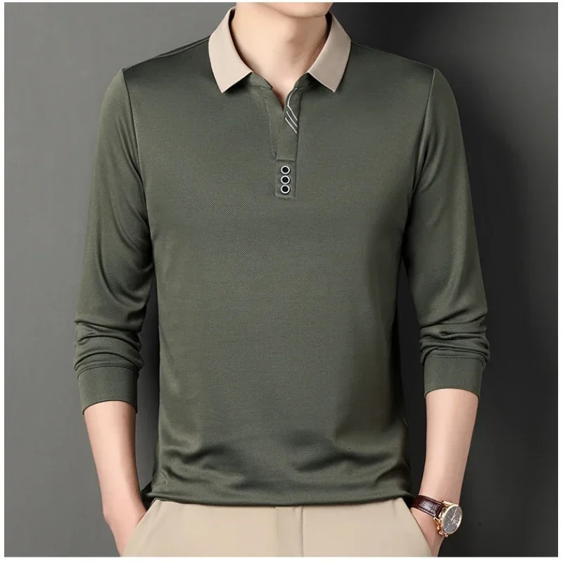 2025 Waffle Mens Long Sleeve T-shirt Spring Lapel Business Casual Polo Shirt Elastic Base Shirt Top Men Clothes 241206