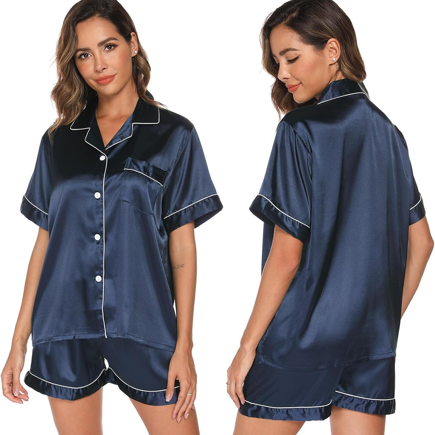 B475-Ice silk pajamas women's long and short sleeves satin large size pajamas home clothes