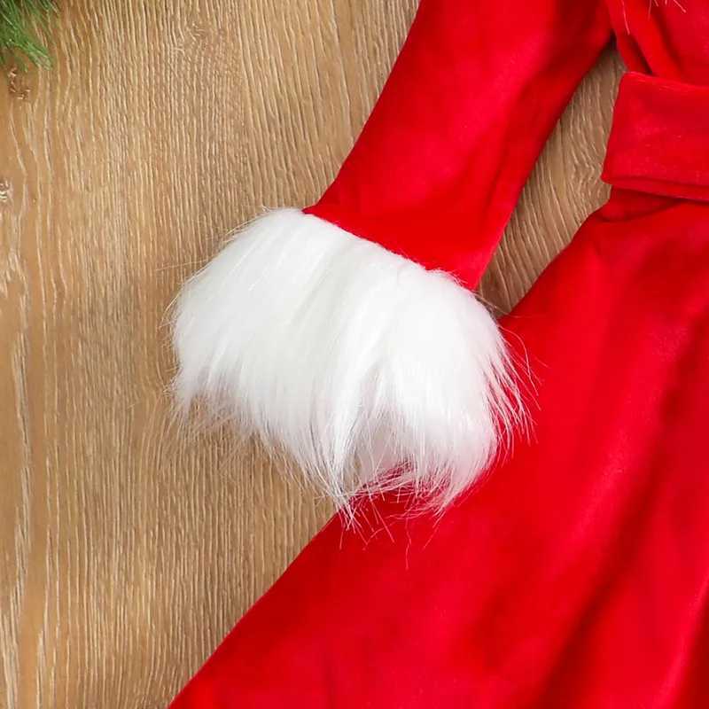 Christmas Dress Kid Baby Girl Clothes Faux Fur Patchwork Long Sleeve Off Shoulder A-Line Dress with Belt Bow HeadbandXJ241206