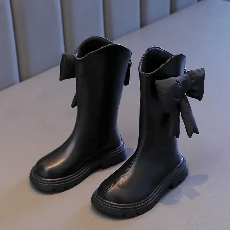New Winter Girls Princess Cotton Boots Elegant Bowknot Children Causal Boots Fashion Black Versatile Kids Simple Mid-calf BootsXJ241206