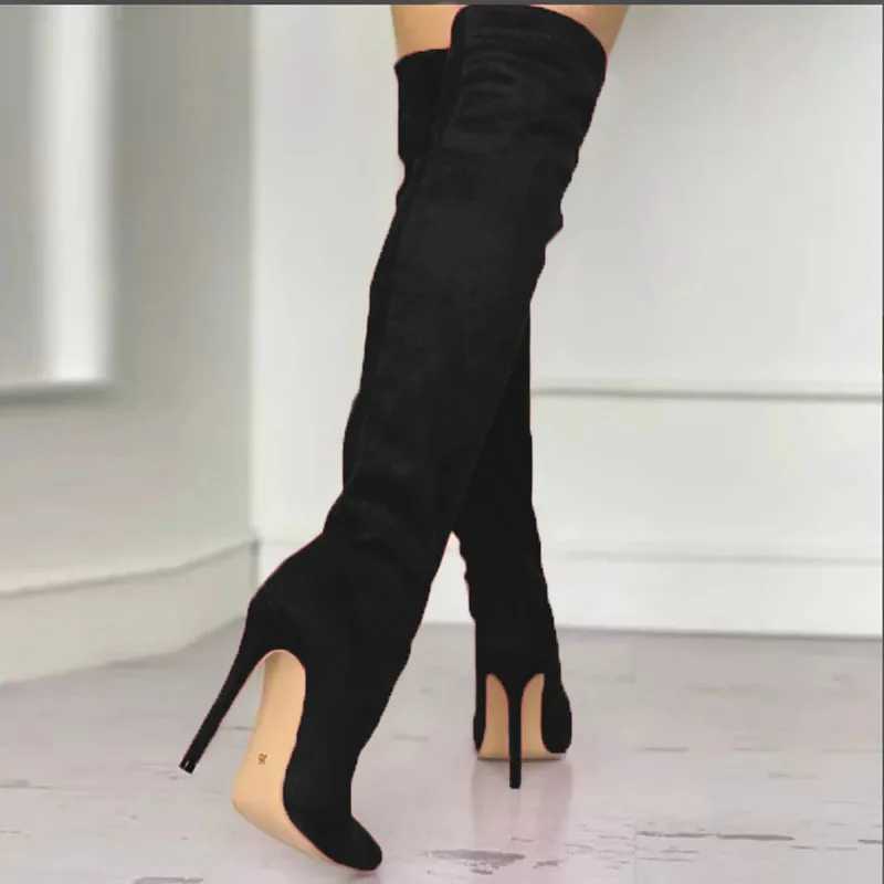 High Quality Suede Knee High Boots Pointy High Heels Black Over The Knee Boots Winter T241206
