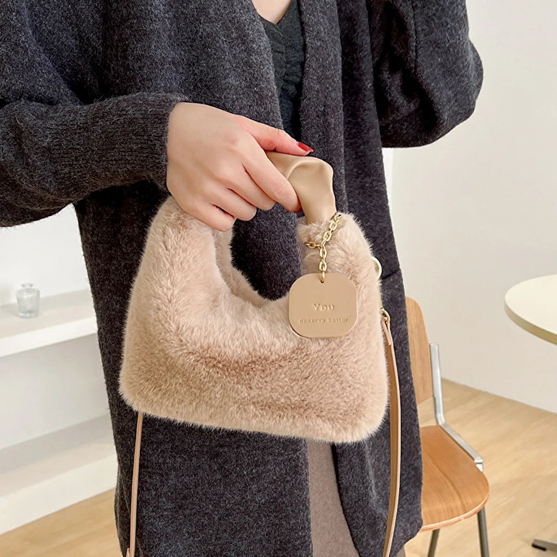 Womens artificial fur soft plush handbag Ruched handle small shoulder cross body bag casual fluffy handbag wallet winter bag 241204