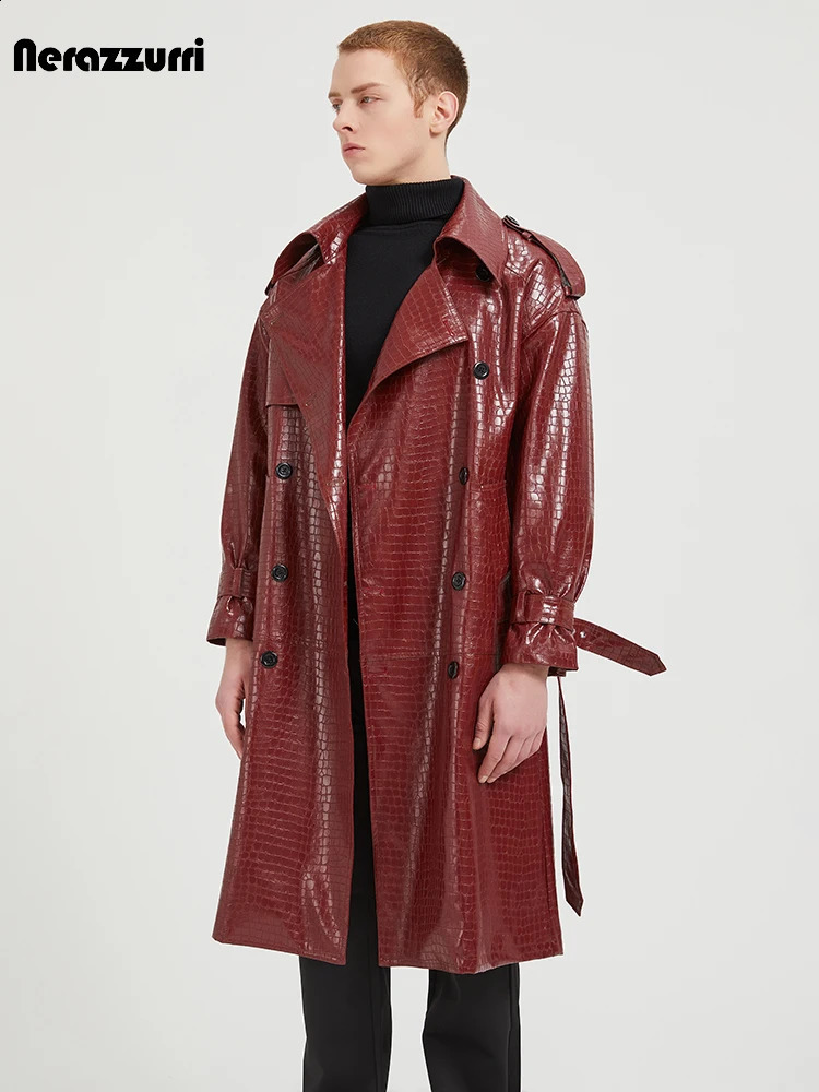 Nerazzurri Spring Autumn Cool Long Elegant Chic Shiny Print Pu Leather Trench Coat Men Belt er Clothes 241119