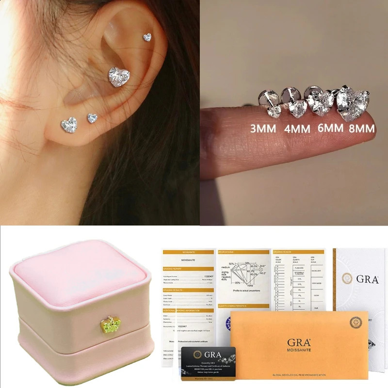 Heart shaped ear bone nail short rod 4-8mm 0.3 carat -2 carat steel flat bottom ear nail Japanese Korean style 241205