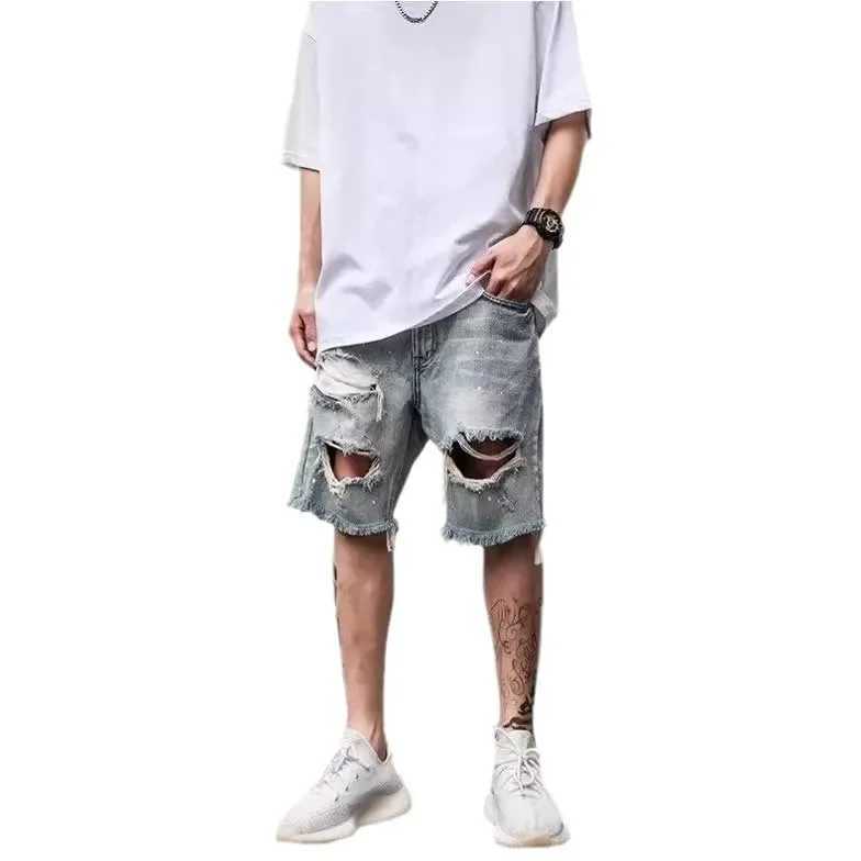 American Style Denim Shorts For Men Trendy Loose-Fit Summer Thin Section Fringe Damaged Design Sensibility Niche Brand Mid-LengtXJ241206